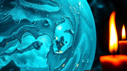 Mystical aqua orb swirling design fantasy environment with glowing candle flame imaginative scene