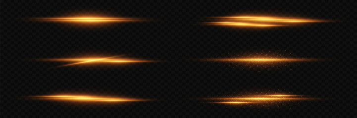 Set of golden light effects and lines. Light neon flare. On a transparent background.