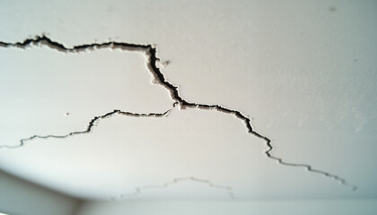 Close-up of a cracked ceiling with fresh plaster applied, smooth and textured contrast, minimalistic background