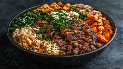 Grilled meat, rice, and veggie bowl. Healthy meal prep