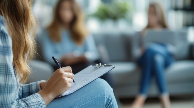 Close-up of therapist hand writing notes during a counseling session with a single woman sitting on a couch in the blurred background.