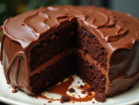 Decadent chocolate cake dripping with ganache showing rich gooey layers