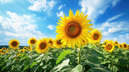Sunflowers in a field under a bright blue sky with fluffy white clouds