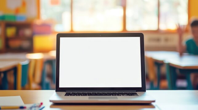 Laptop computer white blank empty mockup screen on teachers table with elementary junior children students raising hands in classroom background. Education software website technology ads concept.