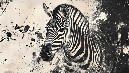Fototapeta na wymiar Vintage Style Black and White Zebra Portrait with Artistic Ink Details