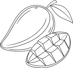 Ripe Mango Fruit Illustration Whole and Sliced, Line Art Drawing