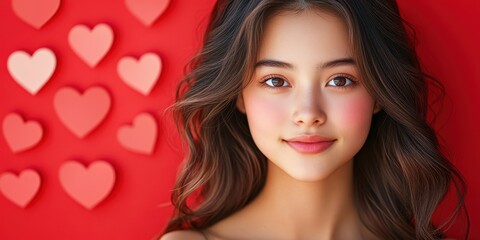 Young woman with glossy hair smiling against a red backdrop adorned with heart shapes in a cheerful setting