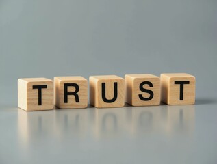 Four wooden cubes spelling trust on reflective surface
