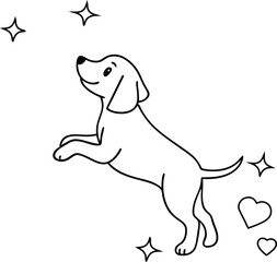Adorable Beagle Puppy, Happy, Jumping, Line Art, Pet, Dog, Cartoon, Cute, Stars, Hearts