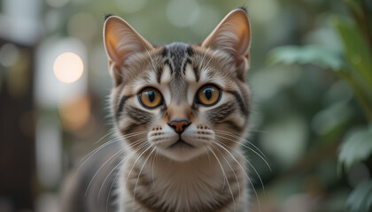 Fototapeta premium a cat with expressive eyes and a beautiful striped coat. It looks curious and peaceful, surrounded by greenery, creating an atmosphere of comfort and tranquility.