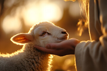 Jesus Christ caresses a lamb at sunset in nature for compassion and peace
