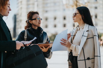 Professional women collaborating on project strategies in an outdoor urban setting. Diversity and teamwork emphasized as they discuss planning and analysis for a business project.