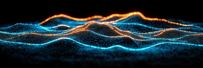 Abstract Blue And Orange Wavy Lines With Particles On Black Background. Big Data Visualization