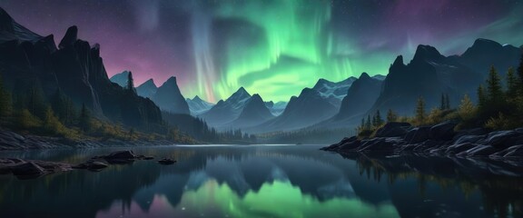 The soft and gentle hues of Aurora Borealis casting a soothing ambiance on a serene Rocky Mountain lake, night sky, rocky mountains, frozen lake