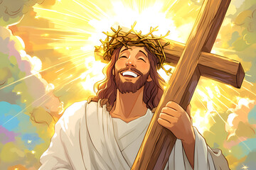 Obraz premium Joyful Jesus Christ with crown of thorns and cross in radiant light