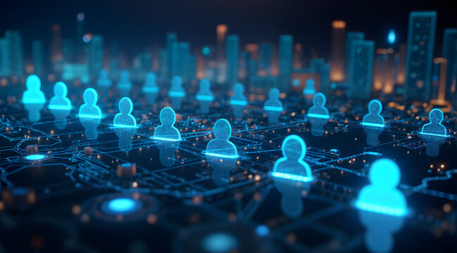 Virtual agents connected in a futuristic digital network