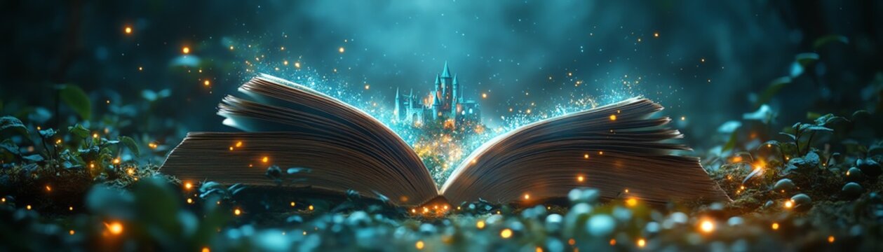 An open book in a magical forest, with an enchanted castle emerging from the pages, illuminated by glowing orbs and mystical light, dreamy atmosphere, 8K