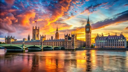 Fototapeta premium Majestic Big Ben, Westminster Palace, and Thames River bathed in sunset's golden glow; a stunning London panorama.