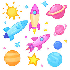 Naklejka premium Cartoon Solar System Elements Rockets and Planets for Kids Bright and Cheerful Space Adventure