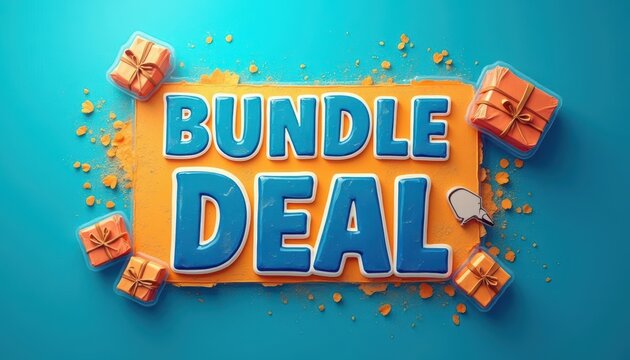 Colorful promotional banner highlighting a bundle deal with gifts on a bright blue background
