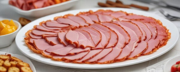 Thinly sliced ham arranged in a decorative pattern on a white porcelain platter, gastronomic art, culinary presentation, meat