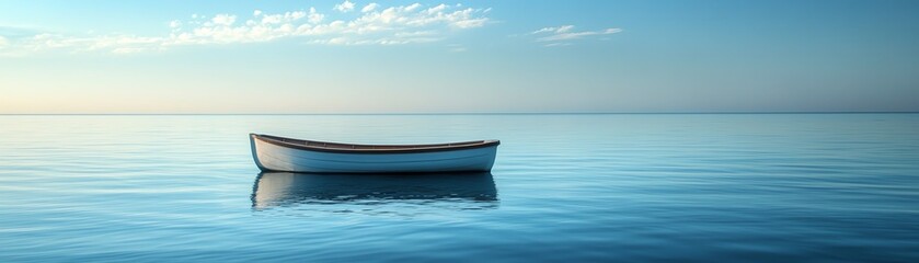 Naklejka premium Lone boat on calm ocean waters, person floating peacefully, serene blue skies above, daytime peaceful atmosphere, highresolution, 8K
