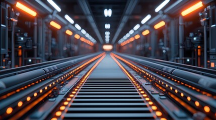 A futuristic conveyor belt system illuminated by bright orange lights, set in a high-tech industrial environment.