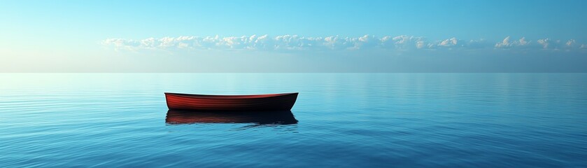 Naklejka premium Lone boat on calm ocean waters, person floating peacefully, serene blue skies above, daytime peaceful atmosphere, highresolution, 8K