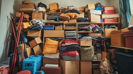 A cluttered storage space filled with stacked cardboard boxes plastic bins and miscellaneous household items creating a packed and chaotic atmosphere

