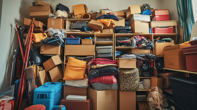 A cluttered storage space filled with stacked cardboard boxes plastic bins and miscellaneous household items creating a packed and chaotic atmosphere

