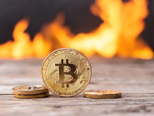 A golden Bitcoin sits on a wooden surface, with flames in the background, symbolizing the volatility and intensity of cryptocurrency markets.