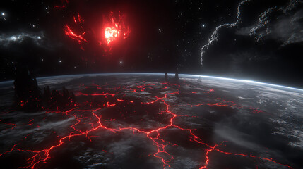 Cataclysmic Red Planet Inferno Digital Art Celestial Firestorm Dark Sci Fi Landscape Planetary Devastation