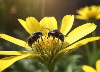 Tiny yellow and black insect on a sunny flower, flower, insect, closeup