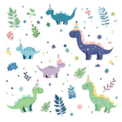 Obraz premium Celebration Dinosaurs with Party Hats and Foliage Delightful Decorative Elements for Festive Joy