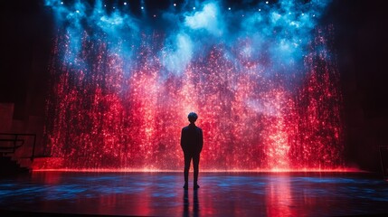 Silhouette Amidst a Celestial Red and Blue Sparkler Cascade