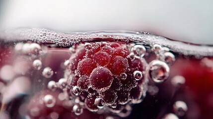 A close up macro shot of tiny bubbles forming around submerged berries in a glass of sangria, isolated against a soft white backdrop