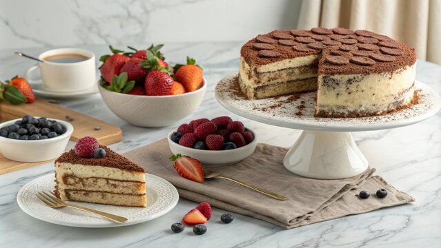 Tiramisu coffee cack on a elegant marble table with a side of fresh fruit, dessert, coffee dessert