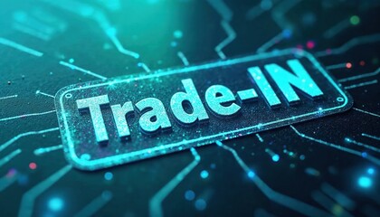 Digital trade-in concept showcasing a glowing sign amidst a futuristic technology background
