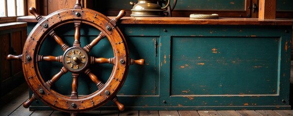 Fototapeta premium Vintage wooden ship wheel with rope and brass accents, ship, brass, wood