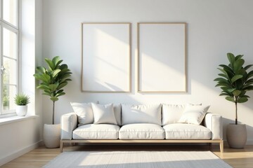 Serene Living Room with Minimalist Decor and Sunlight Streaming Through a Window