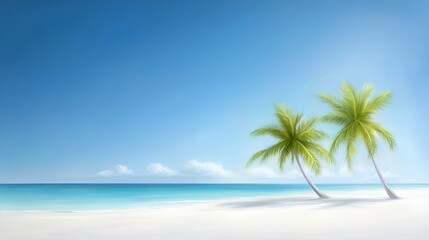 Tropical palm trees sway gently on a white sand beach overlooking the turquoise ocean