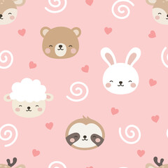Animals Cute Seamless Pattern, adorable design for kids, vector illustration