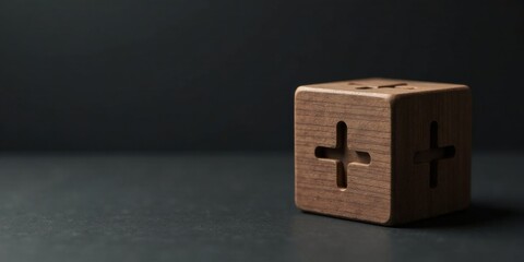 Wooden Cube with Cutout Plus Symbols on Dark Surface A Minimalist Design Concept