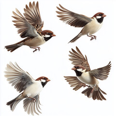 House sparrow bird in various poses including flying and perching natural wildlife transparent background