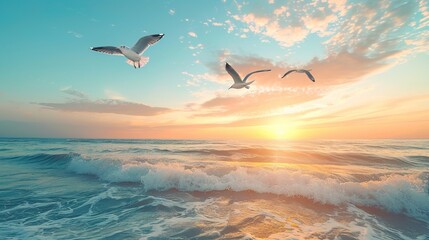 Naklejka premium Capturing Coastal Serenity: A Seaside Sunrise Background Image with Flying Seagulls, Golden Horizon Reflections, and Ocean Waves – Perfect for Beach Wallpapers, Nautical Design, and Coastal Tourism Ca