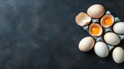 Duck eggs cracked open, rich alternative protein source on a dark background