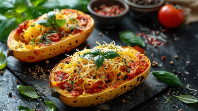 Spaghetti squash with marinara on a dark textured table, flat lay