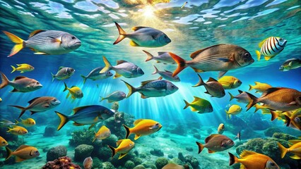 Tropical fish swimming in a turquoise ocean, coral reef, marine life