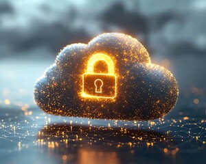 A golden lock on a white cloud, symbolizing secure data protection, glowing encryption, cloud technology, digital safety, and a futuristic security concept