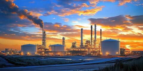 A beautiful photograph of an oil and gas refinery at sunset, with large white storage tanks in front of the main buildings. 